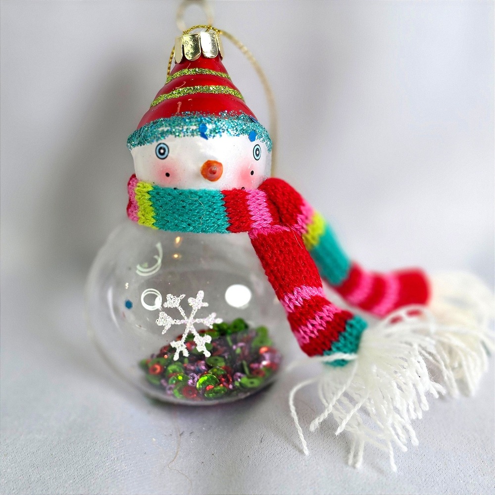 Glass Snowman Christmas Ornament Clear Globe with Sequins and Striped Knit Scarf
